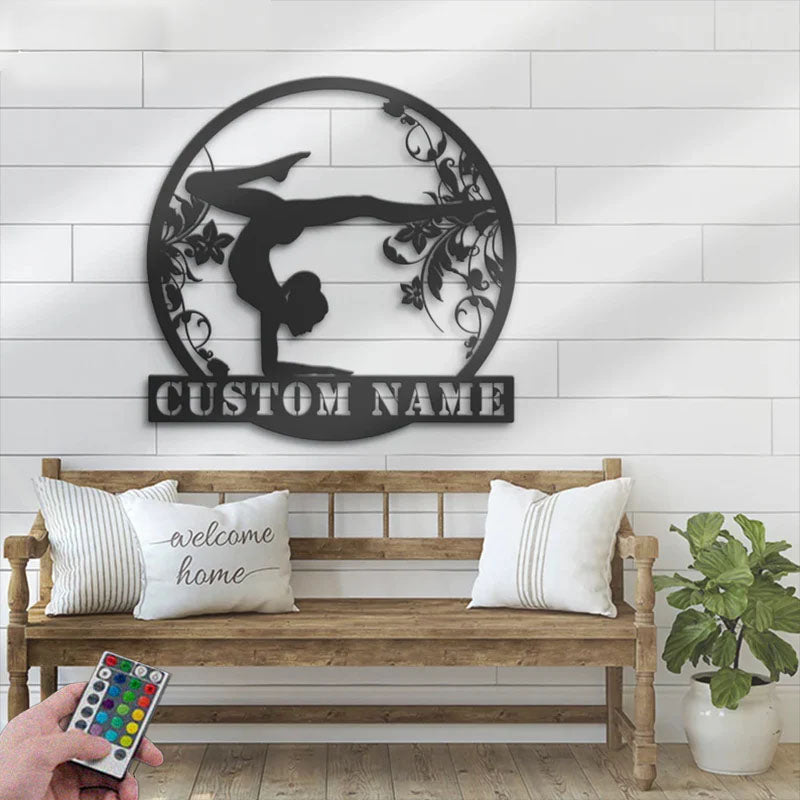 Personalized Female Gymnastics, Name Sign Home Decor Tumbling Cheerleading Fitness Metal Wall Signs With RGB Led Light