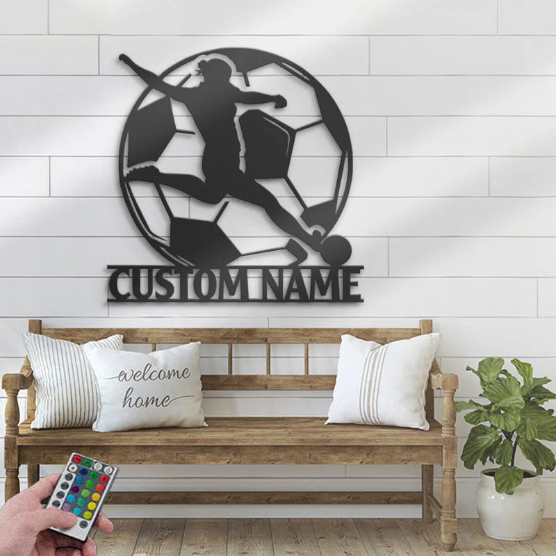 Personalized Female Soccer, Metal Wall Signs With RGB Led Light
