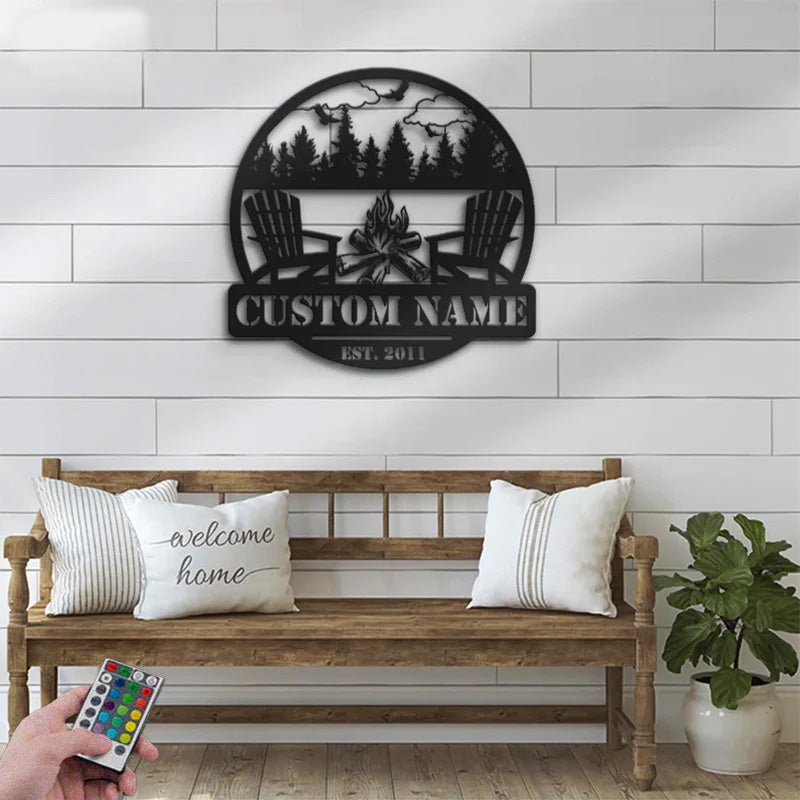 Personalized Fire Pit Lake House Metal Wall Signs With RGB Led Light