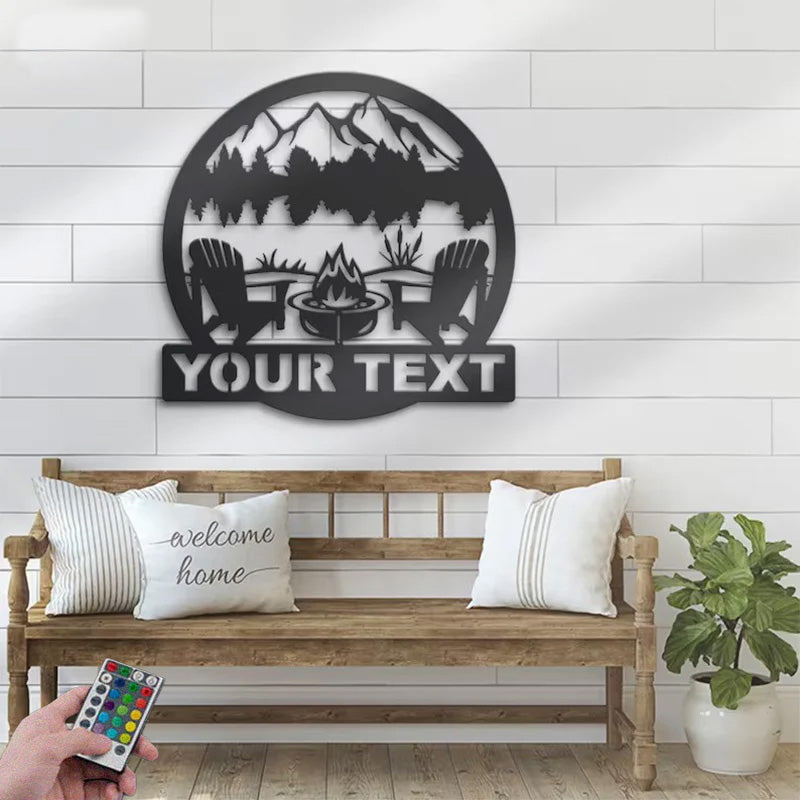 Personalized Fire Pit Lake House Metal Wall Signs With RGB Led Light