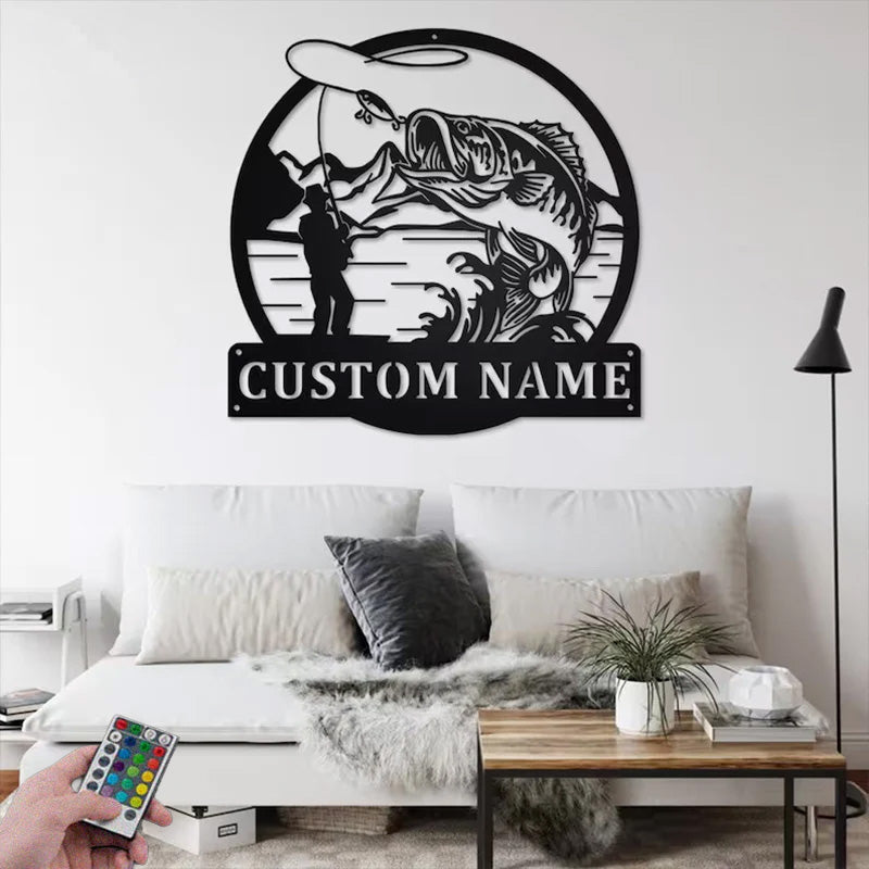 Personalized Fisherman Bass Fish Metal Wall Signs With RGB Led Light