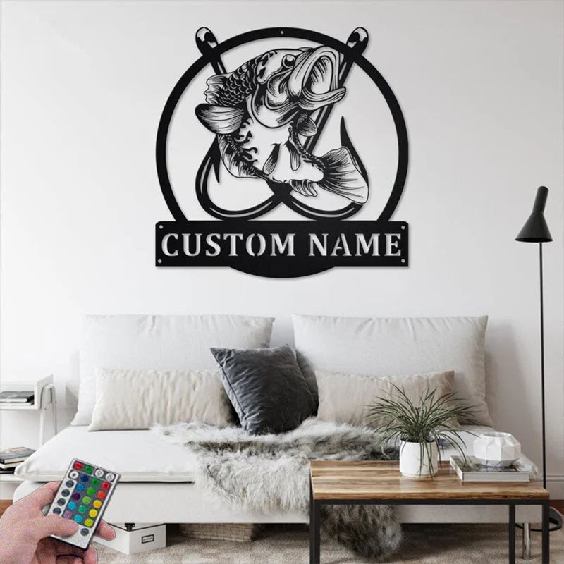 Personalized Fishing Hooks Metal Wall Signs With RGB Led Light