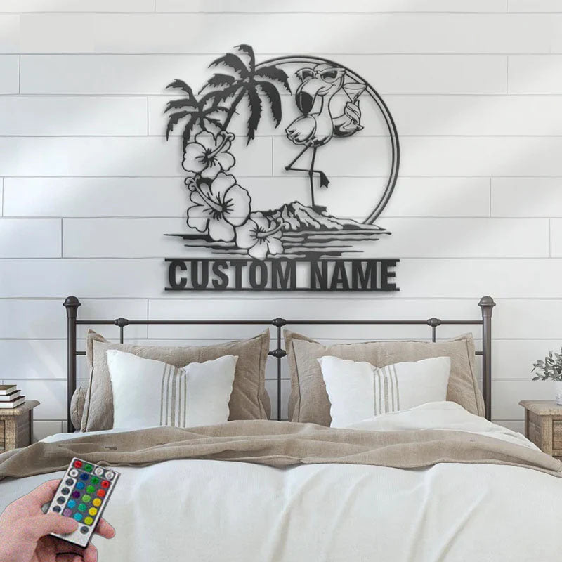 Personalized Flamingo Sunglass Hawaiian Flower Scene, Metal Wall Signs With RGB Led Light