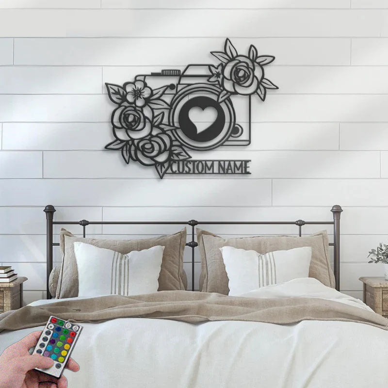 Personalized Floral Camera Photo Taking, Metal Wall Signs With RGB Led Light