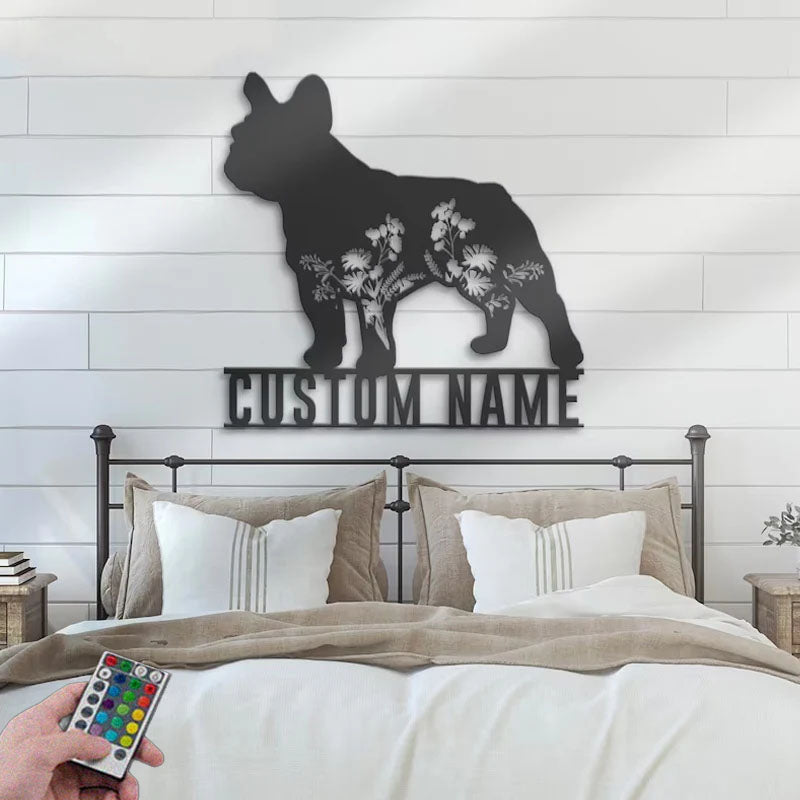 Personalized Floral French Bulldog Metal Wall Signs With RGB Led Light