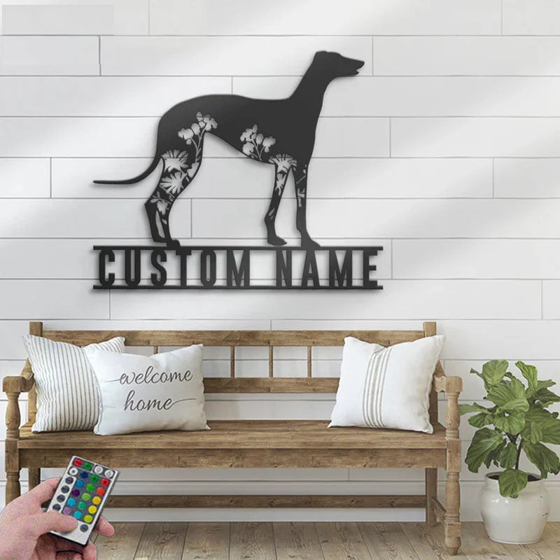 Personalized Floral Greyhound Metal Wall Signs With RGB Led Light