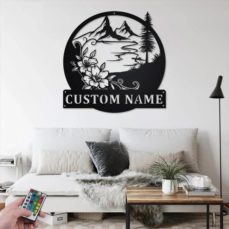 Personalized Floral Lake Scene Metal Wall Signs With RGB Led Light