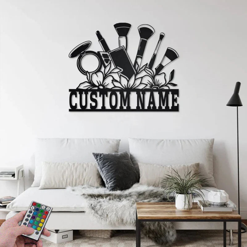 Personalized Floral Makeup Tools Metal Wall Signs With RGB Led Light
