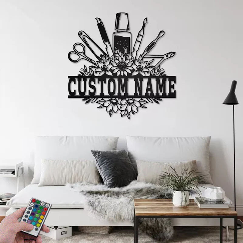 Personalized Floral Nail Tools Metal Wall Signs With RGB Led Light