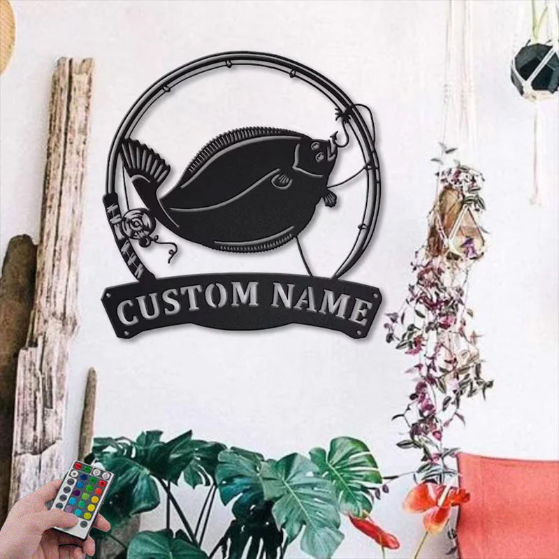 Personalized Flounder Fishing Fish Pole Metal Wall Signs With RGB Led Light