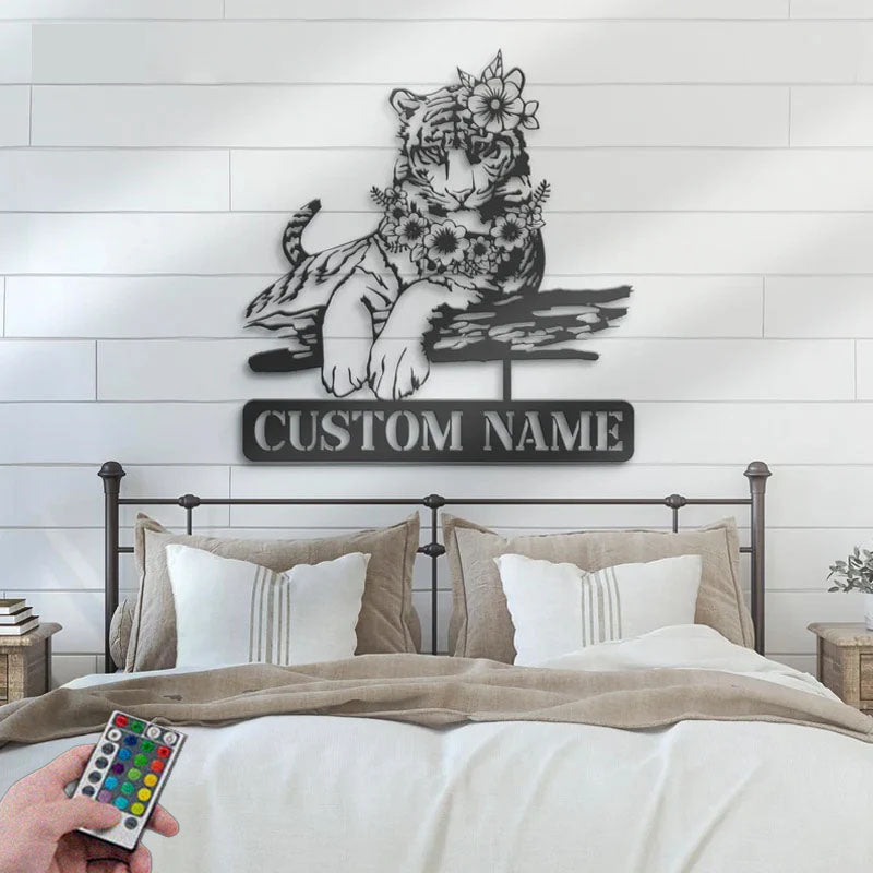 Personalized Flower Tiger Metal Wall Signs With RGB Led Light