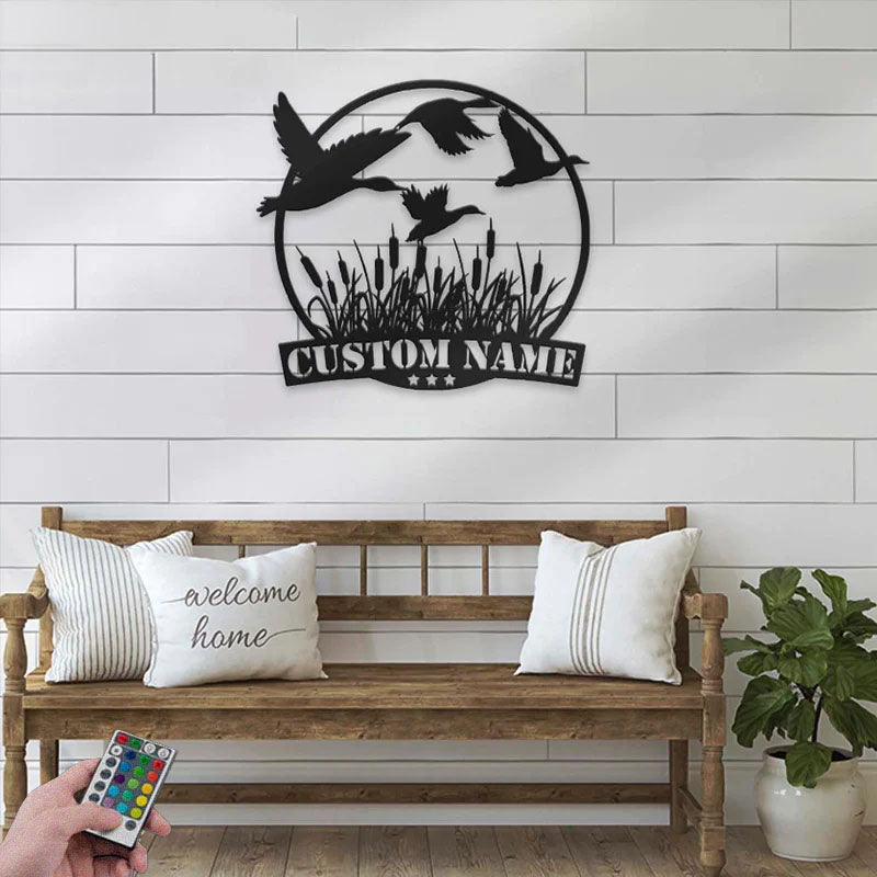 Personalized Flying Mallard Duck Hunting, Metal Wall Signs With RGB Led Light