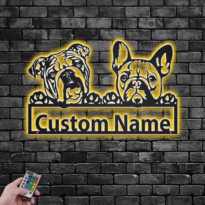 Personalized French Bulldog And English Bulldog, Metal Wall Signs With RGB Led Light