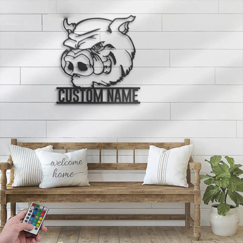 Personalized Funny Pig Farmhouse, Metal Wall Signs With RGB Led Light