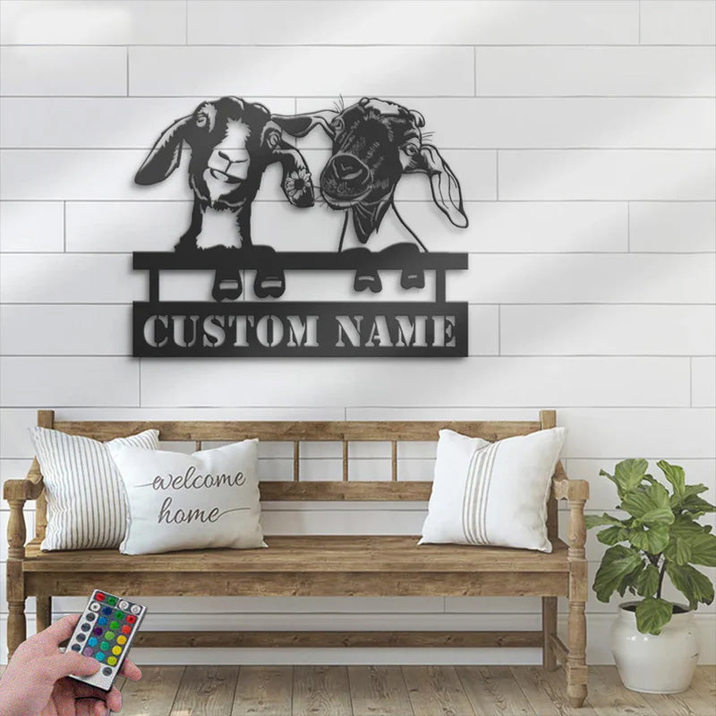 Personalized Funny Valentine Couple Goat Love Farmhouse Metal Wall Signs With RGB Led Light