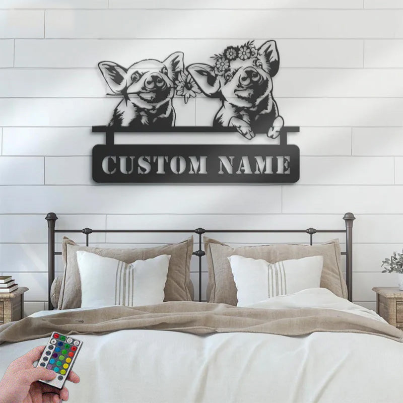 Personalized Funny Valentine Couple Pig Love Farmhouse Metal Wall Signs With RGB Led Light