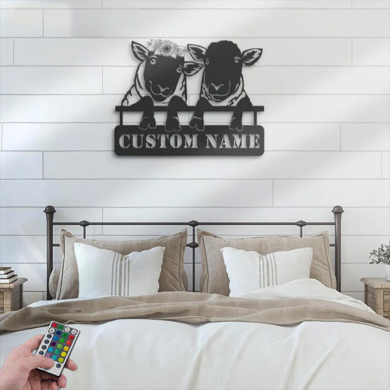 Personalized Funny Valentine Couple Sheep Love Farmhouse Metal Wall Signs With RGB Led Light