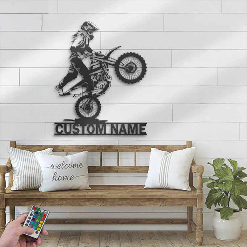 Personalized Girl Motocross Biker, Metal Wall Signs With RGB Led Light