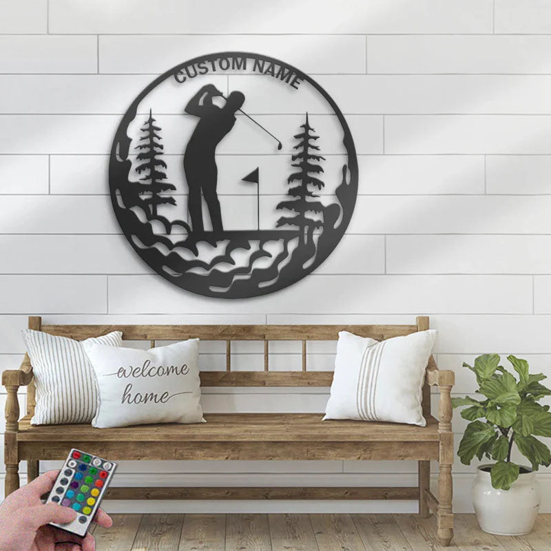 Personalized Golfer Name Sign Home Decor, Metal Wall Signs With RGB Led Light