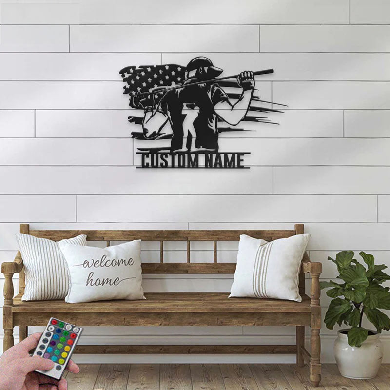 Personalized Golfing US Flag Metal Wall Signs With RGB Led Light