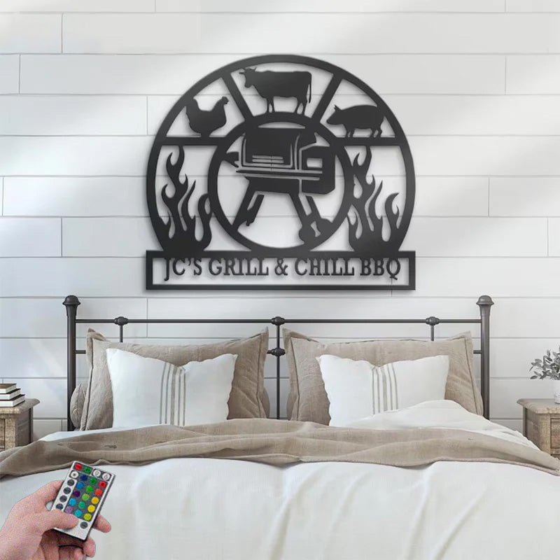 Personalized Grill Decor Barbecue, Patio Housewarming Metal Wall Signs With RGB Led Light