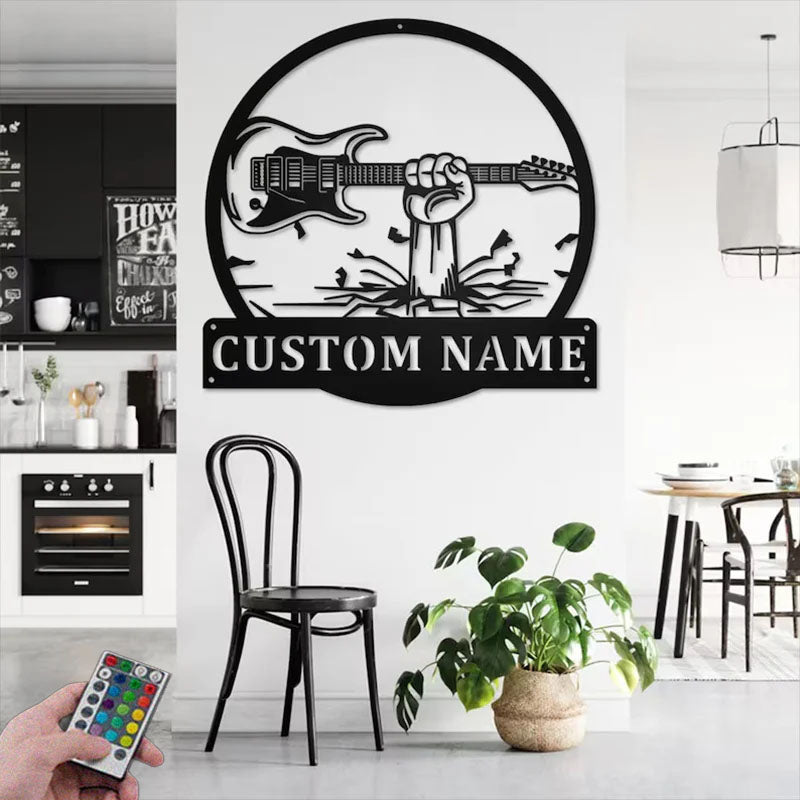 Personalized Hand Holding Electric Guitar Metal Wall Signs With RGB Led Light