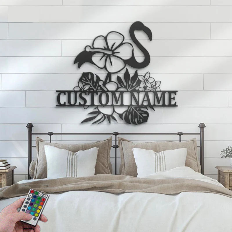 Personalized Hibiscus Flower Flamingo, Metal Wall Signs With RGB Led Light