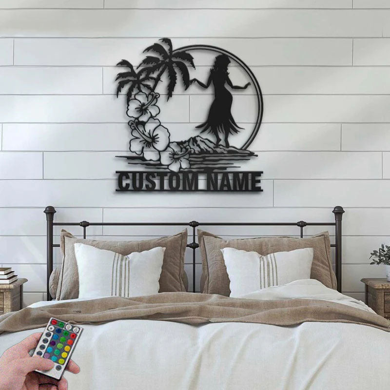 Personalized Hula Dancer Hawaiian Flower Scene,  Metal Wall Signs With RGB Led Light