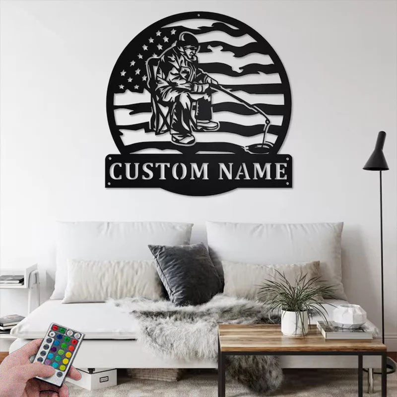 Personalized Ice Fishing Metal Wall Signs With RGB Led Light