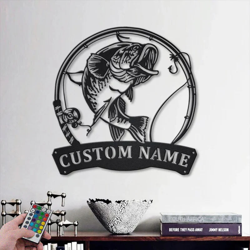Personalized Largemouth Bass Fish Pole Metal Wall Signs With RGB Led Light