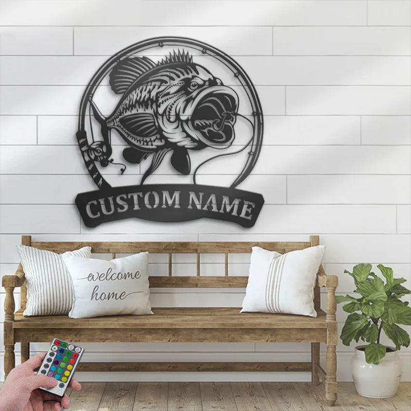 Personalized Largemouth Bass Fishing Metal Wall Signs With RGB Led Light