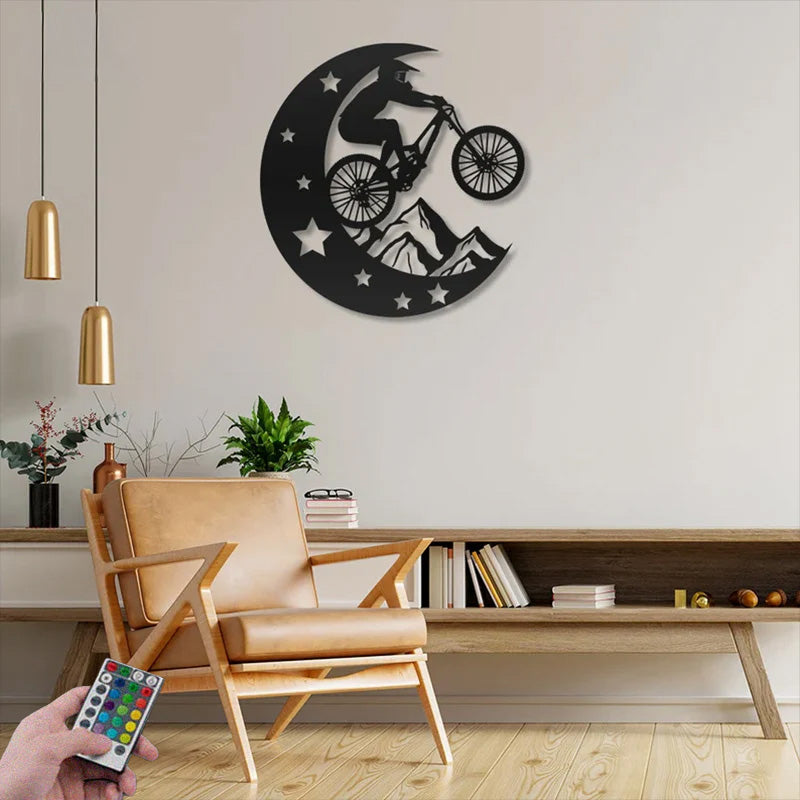 Personalized Light Up Cycling Moon Metal Wall Signs With RGB Led Light