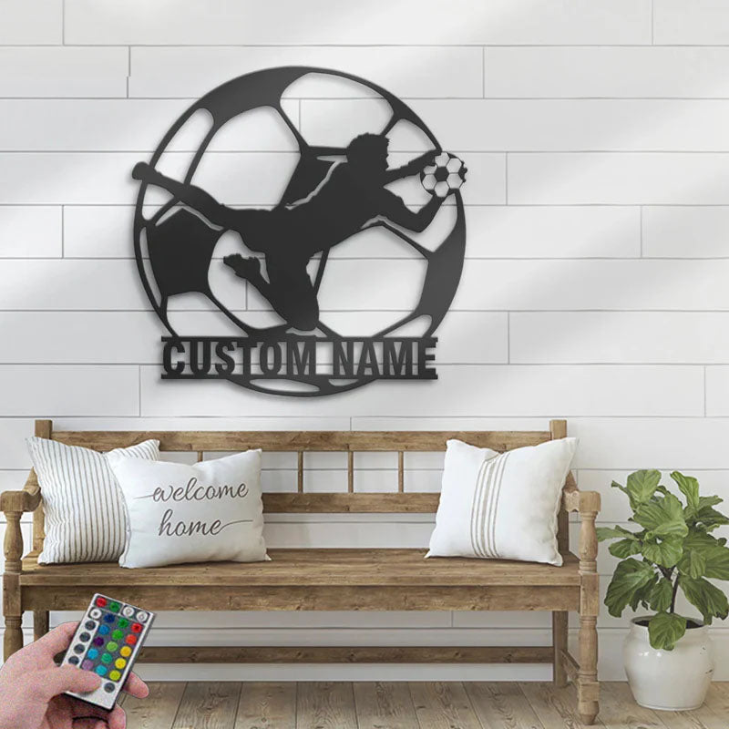 Personalized Man Soccer Player, Metal Wall Signs With RGB Led Light