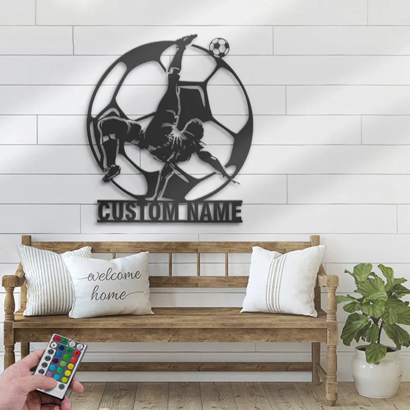 Personalized Man Soccer, Metal Wall Signs With RGB Led Light