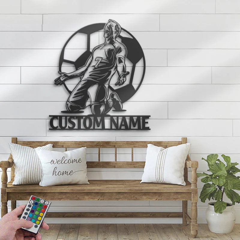 Personalized Man Soccer, Metal Wall Signs With RGB Led Light
