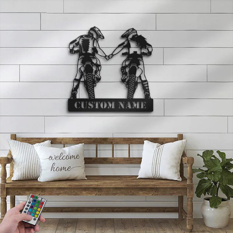 Personalized Motocross Biker Couple Holding Hand, Metal Wall Signs With RGB Led Light