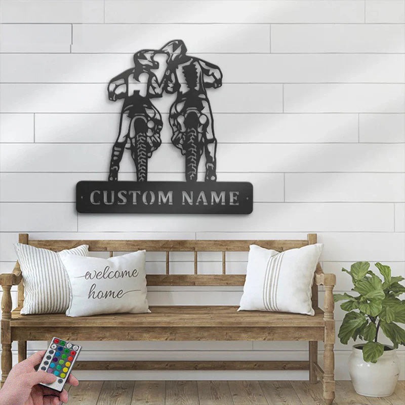 Personalized Motocross Biker Couple Kiss, Metal Wall Signs With RGB Led Light