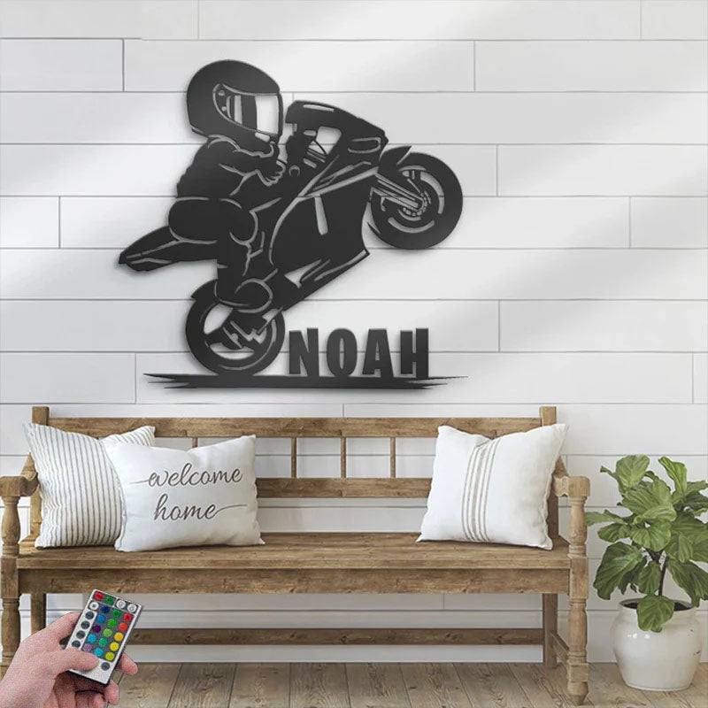Personalized Motocross Biker Kids, Metal Wall Signs With RGB Led Light