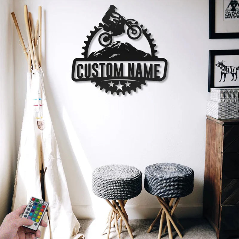 Personalized Motocross Biker Metal Sign, Dirt Bike Name Sign, Metal Wall Signs With RGB Led Light