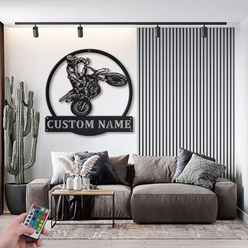 Personalized Motocross Biker Wall Hanging Metal Wall Signs With RGB Led Light