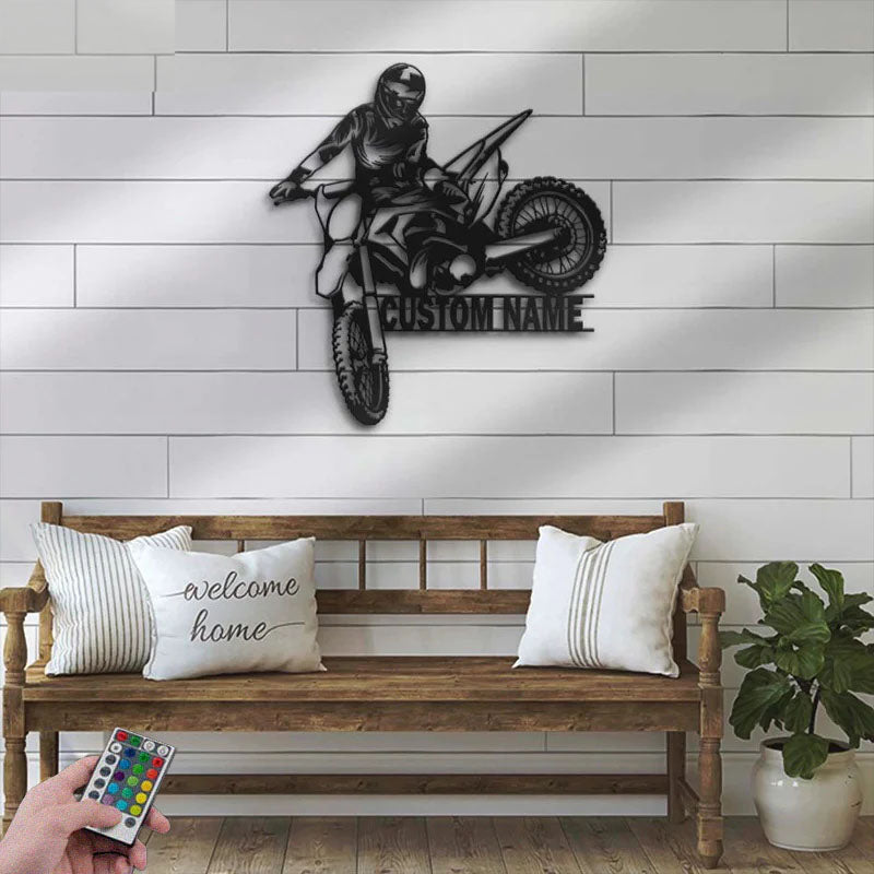 Personalized Motocross Biker, Metal Wall Signs With RGB Led Light