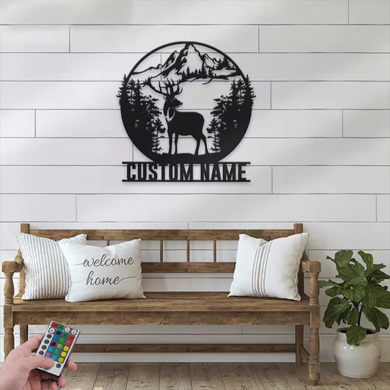 Personalized Moutain Forest Deer Hunting Metal Wall Signs With RGB Led Light
