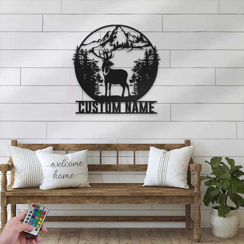 Personalized Moutain Forest Deer Hunting, Metal Wall Signs With RGB Led Light