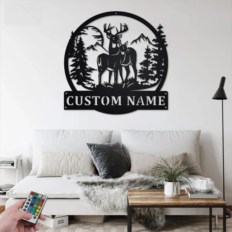 Personalized Name Deer And Mountain Metal Wall Signs With RGB Led Light