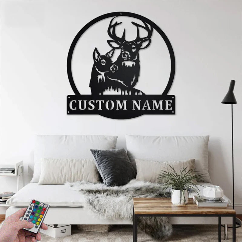 Personalized Name Deer Couple Metal Wall Signs With RGB Led Light
