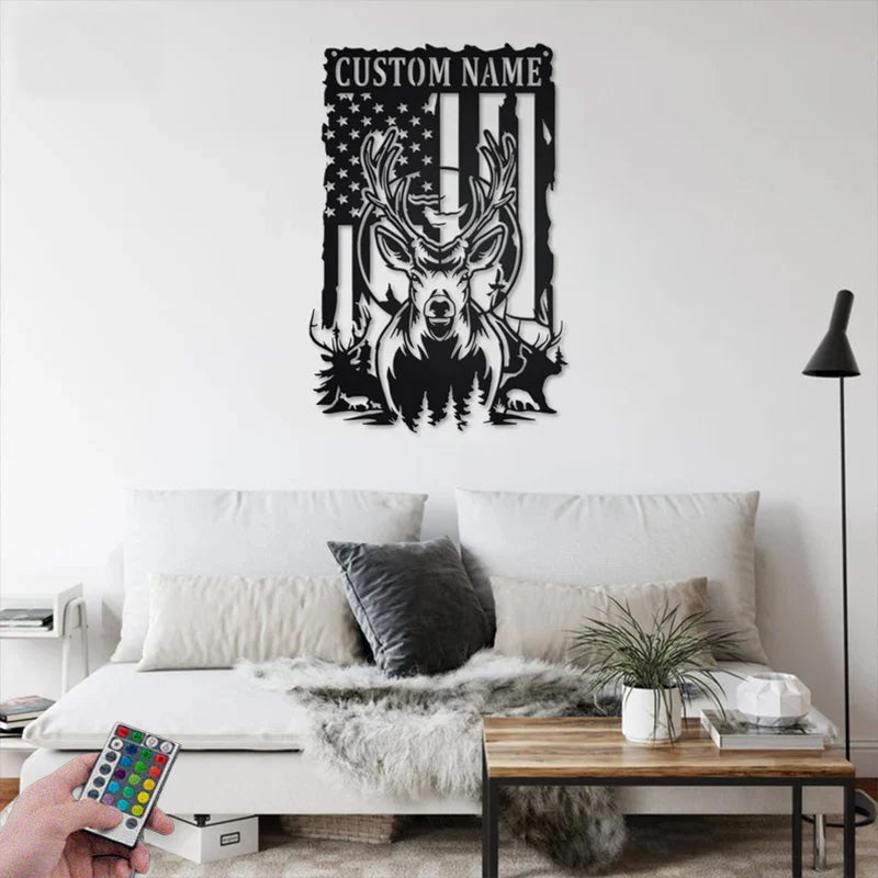 Personalized Name US Deer Outdoor Metal Wall Signs With RGB Led Light