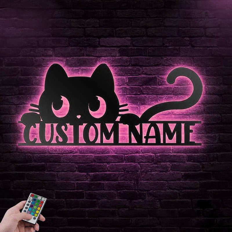 Personalized Peeking Cat, Metal Wall Signs With RGB Led Light