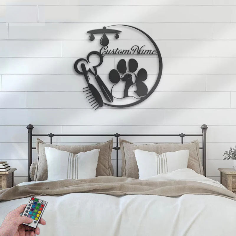 Personalized Pet Grooming Hair Salon, Metal Wall Signs With RGB Led Light