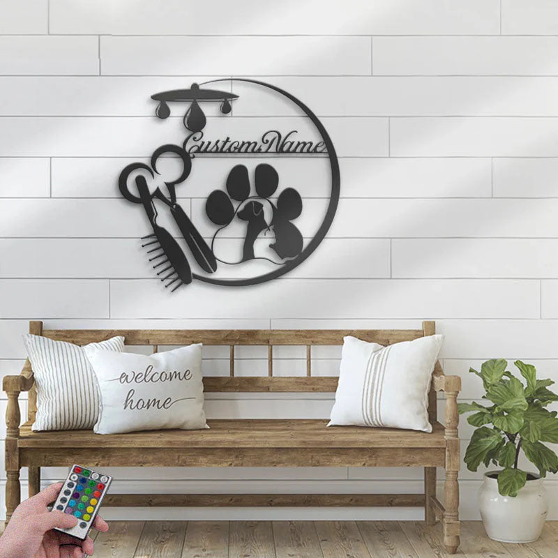 Personalized Pet Grooming Hair Salon, Metal Wall Signs With RGB Led Light