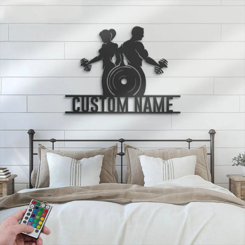 Personalized Powerlifting Name Sign Home Decor Bodybuilding Gym Fitness Metal Wall Signs With RGB Led Light